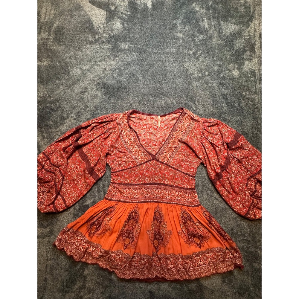 Free People Orange Red Paisley Balloon Sleeve Boho V-Neck Tunic Top XS-291